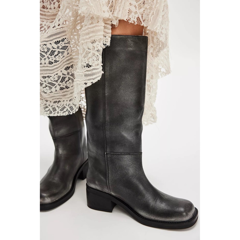 Free People Dana Distressed Knee High Pull On Leather Boots Black Size 8.5 NEW